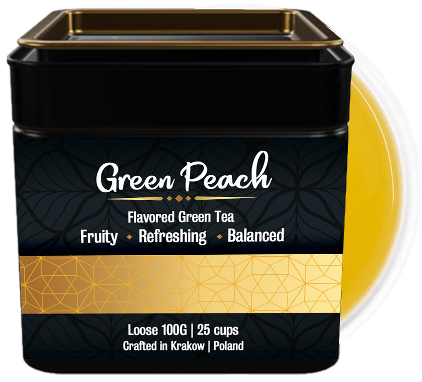 Odkryj słoneczną radość w każdej filiżance z Green Peach Leo Tea – wyjątkową kompozycją najwyższej jakości zielonej herbaty liściastej wzbogaconą o naturalny aromat soczystej brzoskwini (6%). Ta wyrafinowana mieszanka wzbogacona została o subtelne akcenty trawy cytrynowej (4%), korzenia mniszka lekarskiego (3%) i delikatnych płatków kwiatu brzoskwini (2%), tworząc harmonijną całość o niepowtarzalnym charakterze.

Zanurz się w świecie egzotycznych doznań smakowych, gdzie świeżość zielonej herbaty spotyka się ze słodką, owocową nutą dojrzałej brzoskwini. Każy łyk to prawdziwa uczta dla podniebienia – lekko trawiasty posmak zielonej herbaty doskonale równoważy soczysta słodycz brzoskwini, a subtelna cytrusowa nuta trawy cytrynowej dodaje orzeźwiającej świeżości.